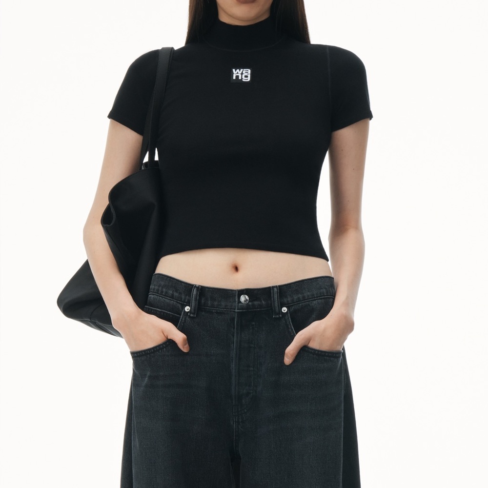 ALEXANDER WANG Bodycon Short Sleeve Mock Neck Top in Black NWT